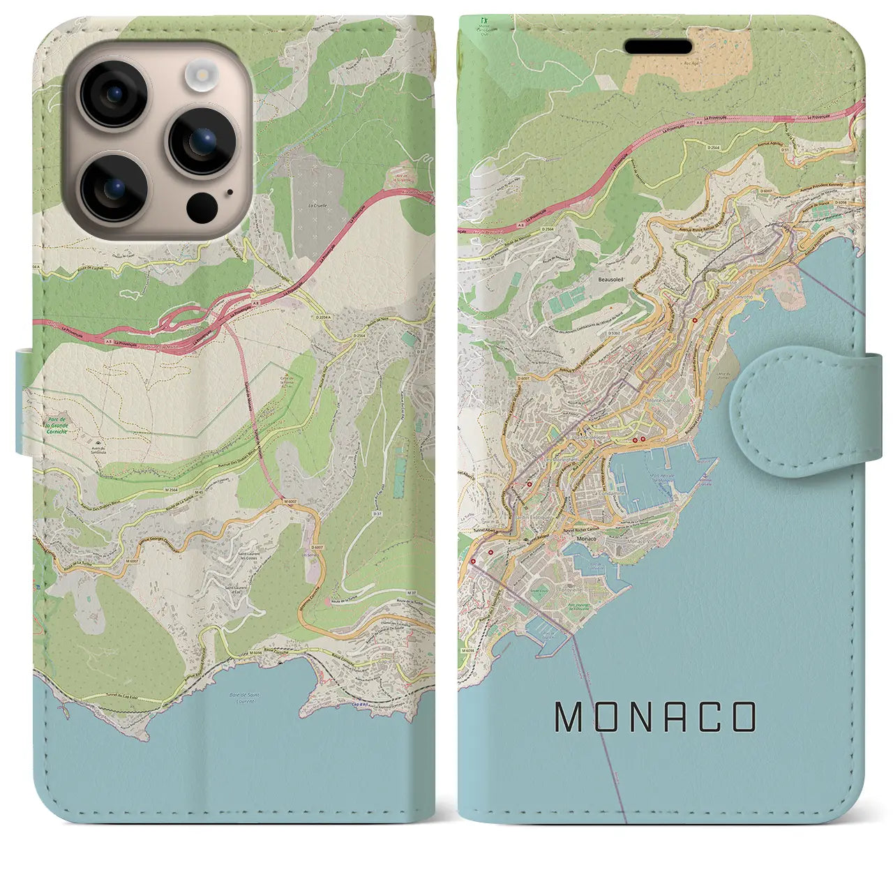 【モナコ】地図柄iPhoneケース（手帳タイプ）ナチュラル・iPhone 16 Plus 用