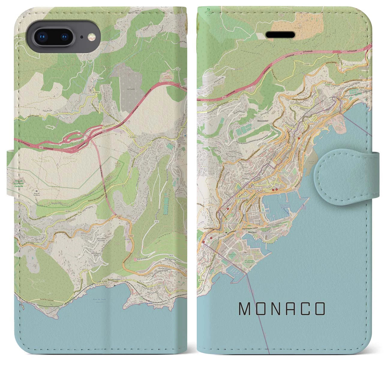 【モナコ】地図柄iPhoneケース（手帳両面タイプ・ナチュラル）iPhone 8Plus /7Plus / 6sPlus / 6Plus 用