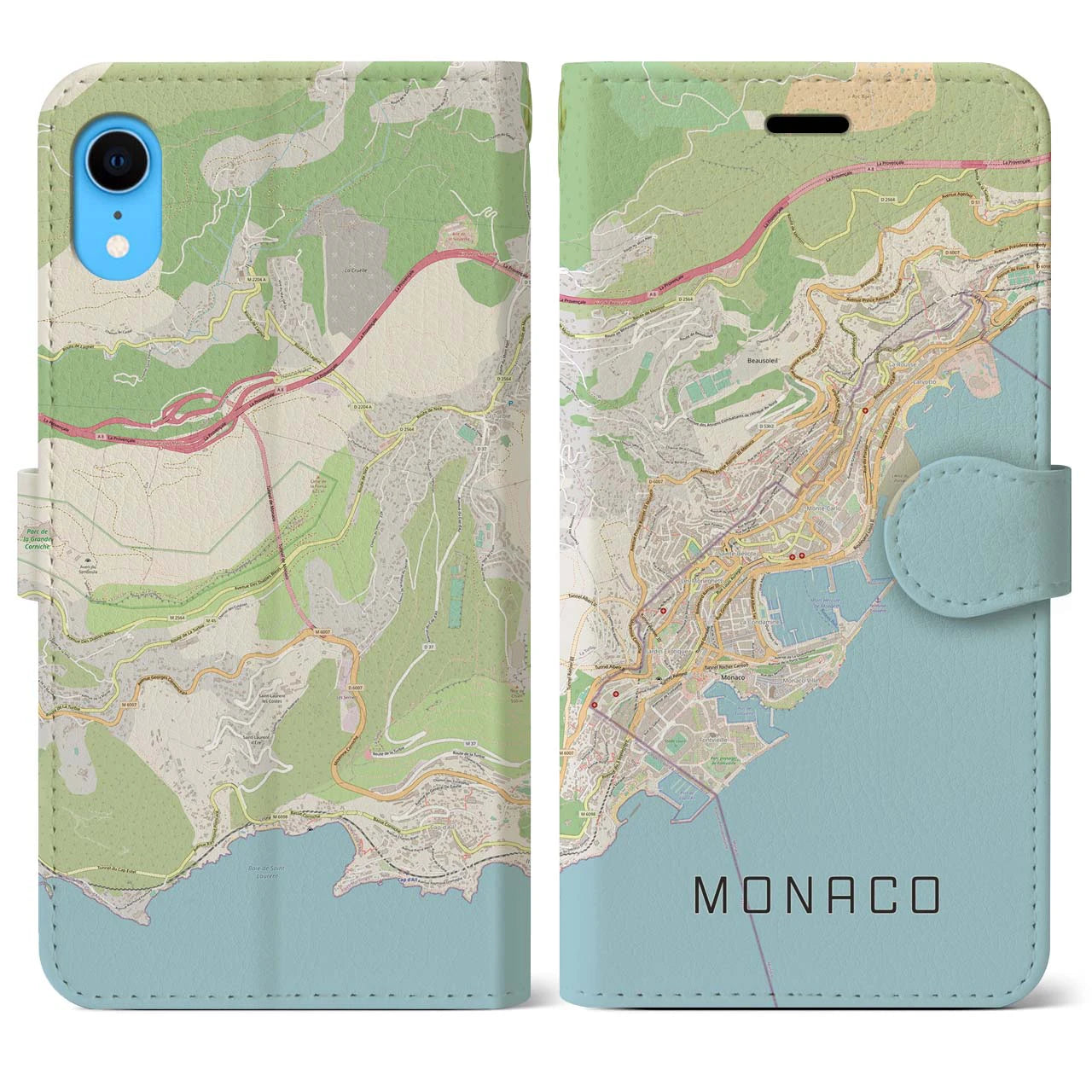【モナコ】地図柄iPhoneケース（手帳両面タイプ・ナチュラル）iPhone XR 用