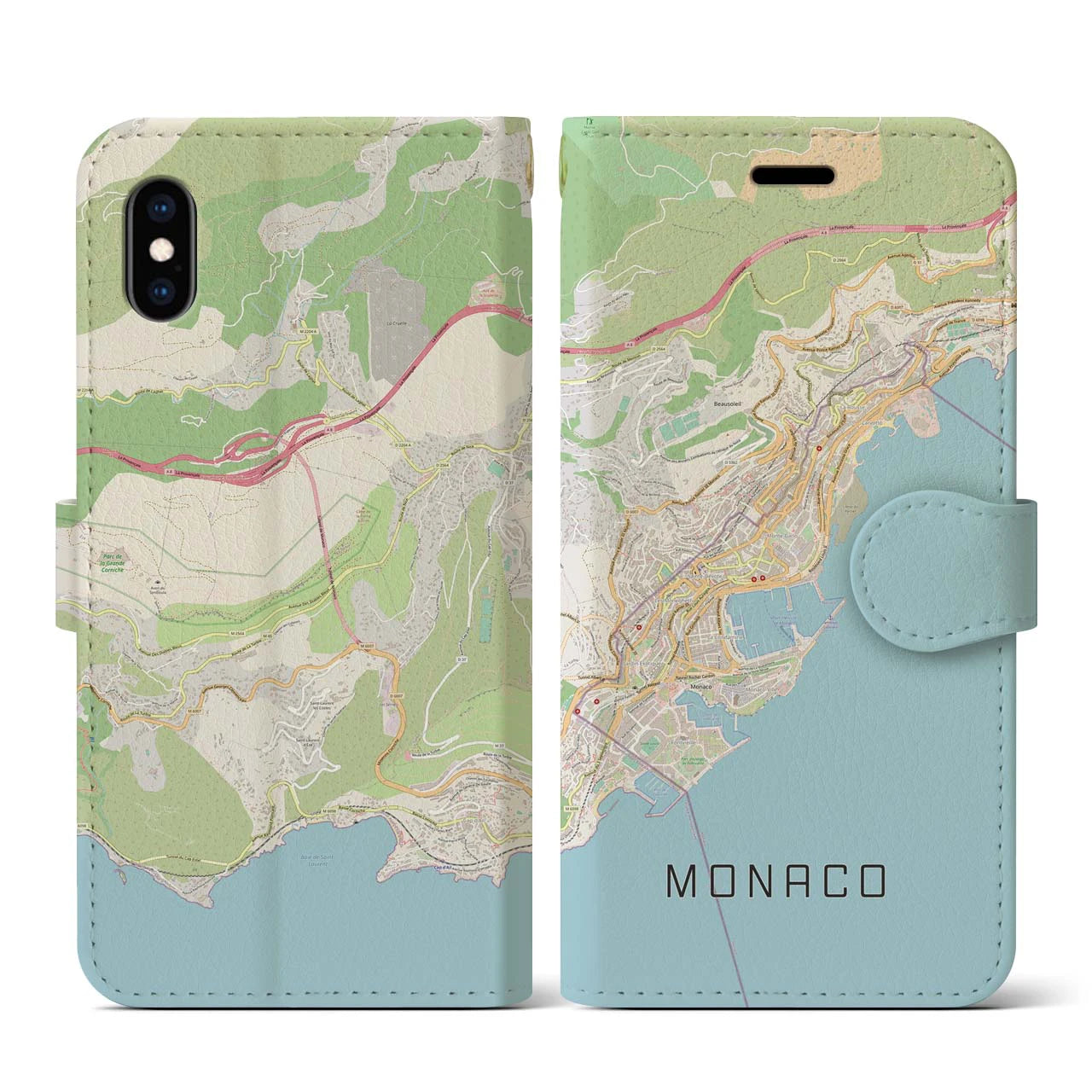 【モナコ】地図柄iPhoneケース（手帳両面タイプ・ナチュラル）iPhone XS / X 用