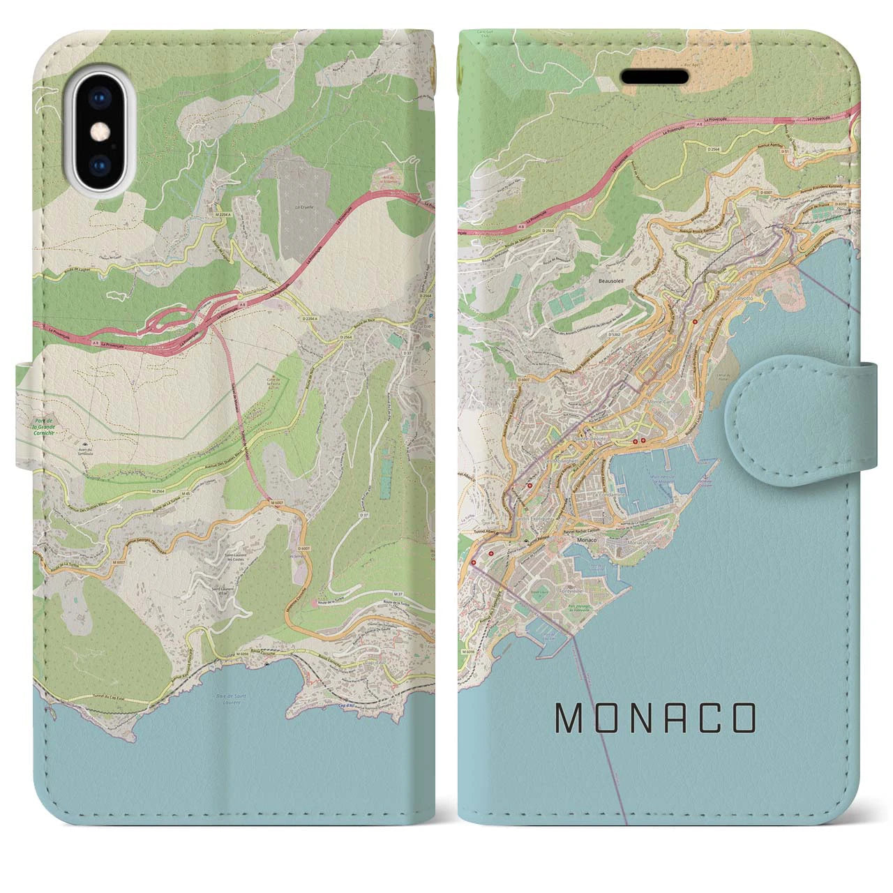 【モナコ】地図柄iPhoneケース（手帳両面タイプ・ナチュラル）iPhone XS Max 用