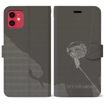 【モン・サン＝ミシェル（フランス）】地図柄iPhoneケース（手帳タイプ）モノトーン・iPhone 11 用