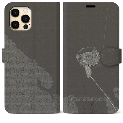 【モン・サン＝ミシェル（フランス）】地図柄iPhoneケース（手帳タイプ）モノトーン・iPhone 12 Pro Max 用