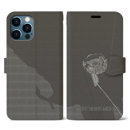 【モン・サン＝ミシェル（フランス）】地図柄iPhoneケース（手帳タイプ）モノトーン・iPhone 12 / 12 Pro 用