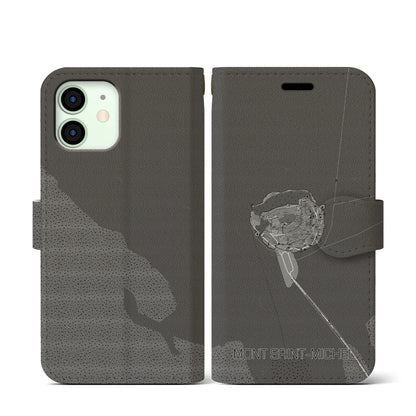 【モン・サン＝ミシェル（フランス）】地図柄iPhoneケース（手帳タイプ）モノトーン・iPhone 12 mini 用