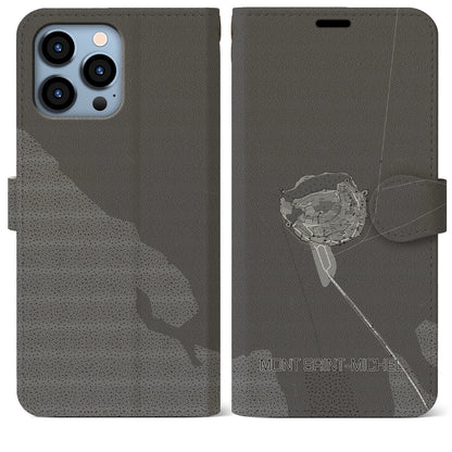 【モン・サン＝ミシェル（フランス）】地図柄iPhoneケース（手帳タイプ）モノトーン・iPhone 13 Pro Max 用