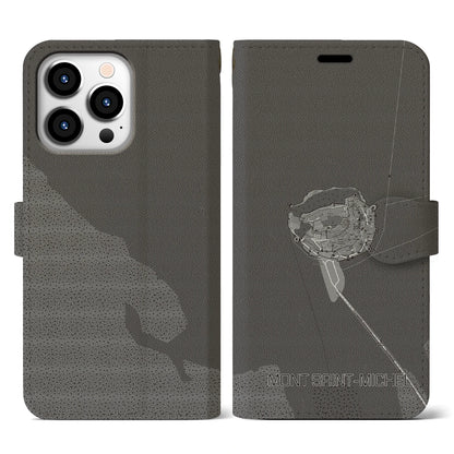 【モン・サン＝ミシェル（フランス）】地図柄iPhoneケース（手帳タイプ）モノトーン・iPhone 13 Pro 用
