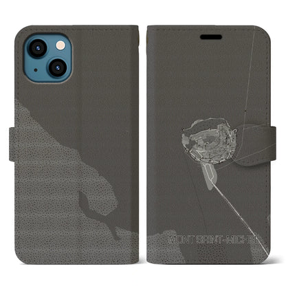 【モン・サン＝ミシェル（フランス）】地図柄iPhoneケース（手帳タイプ）モノトーン・iPhone 13 用