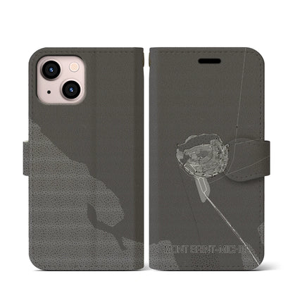 【モン・サン＝ミシェル（フランス）】地図柄iPhoneケース（手帳タイプ）モノトーン・iPhone 13 mini 用