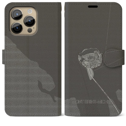 【モン・サン＝ミシェル（フランス）】地図柄iPhoneケース（手帳タイプ）モノトーン・iPhone 14 Pro Max 用
