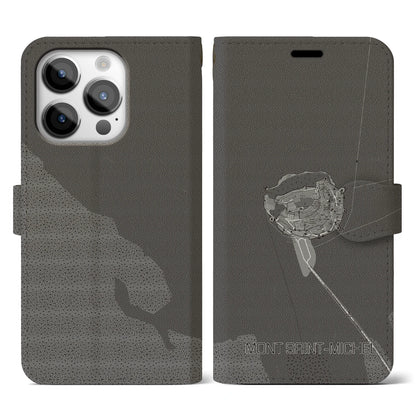 【モン・サン＝ミシェル（フランス）】地図柄iPhoneケース（手帳タイプ）モノトーン・iPhone 14 Pro 用