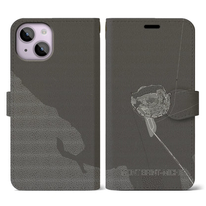 【モン・サン＝ミシェル（フランス）】地図柄iPhoneケース（手帳タイプ）モノトーン・iPhone 14 用