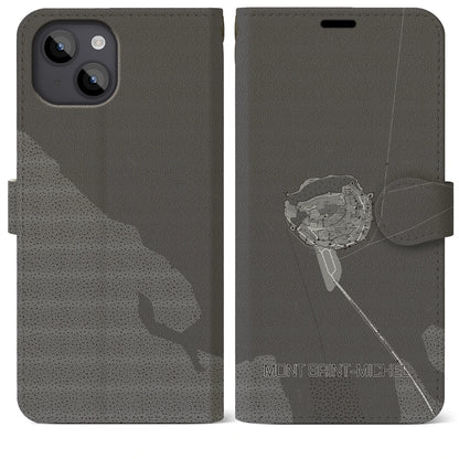 【モン・サン＝ミシェル（フランス）】地図柄iPhoneケース（手帳タイプ）モノトーン・iPhone 14 Plus 用