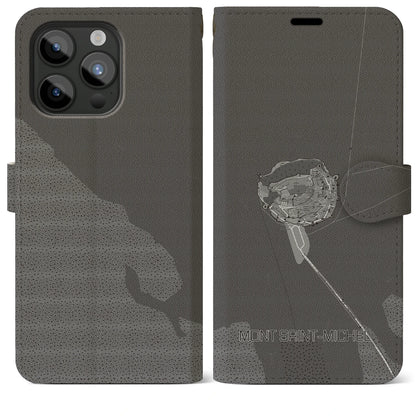 【モン・サン＝ミシェル（フランス）】地図柄iPhoneケース（手帳タイプ）モノトーン・iPhone 15 Pro Max 用