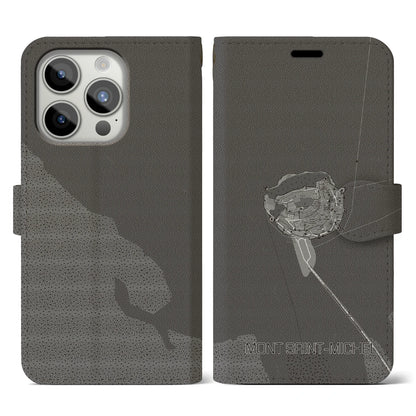 【モン・サン＝ミシェル（フランス）】地図柄iPhoneケース（手帳タイプ）モノトーン・iPhone 15 Pro 用