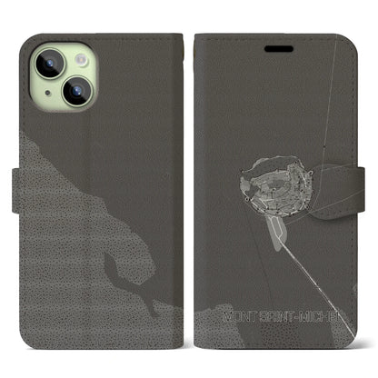 【モン・サン＝ミシェル（フランス）】地図柄iPhoneケース（手帳タイプ）モノトーン・iPhone 15 用
