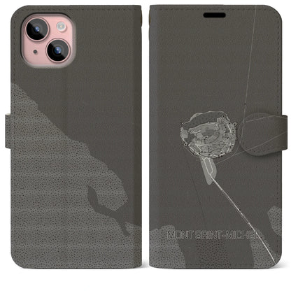 【モン・サン＝ミシェル（フランス）】地図柄iPhoneケース（手帳タイプ）モノトーン・iPhone 15 Plus 用