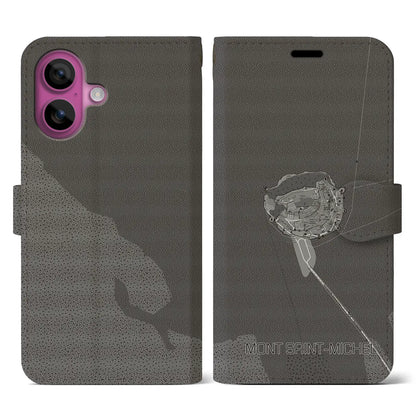 【モン・サン＝ミシェル（フランス）】地図柄iPhoneケース（手帳タイプ）モノトーン・iPhone 16 Pro 用