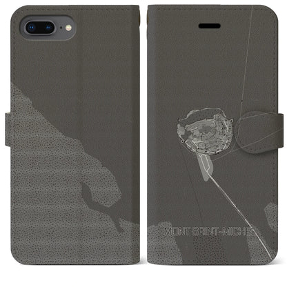 【モン・サン＝ミシェル（フランス）】地図柄iPhoneケース（手帳タイプ）モノトーン・iPhone 8Plus /7Plus / 6sPlus / 6Plus 用