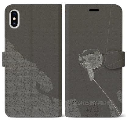 【モン・サン＝ミシェル（フランス）】地図柄iPhoneケース（手帳タイプ）モノトーン・iPhone XS Max 用