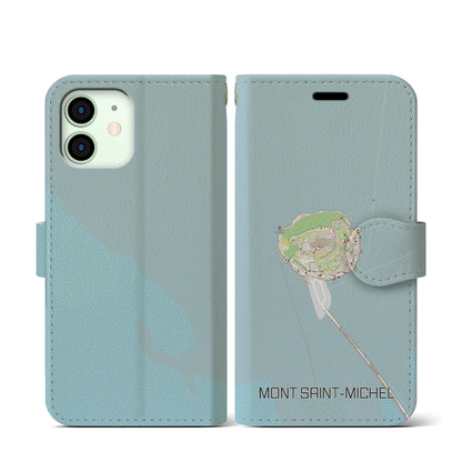 【モン・サン＝ミシェル（フランス）】地図柄iPhoneケース（手帳タイプ）ナチュラル・iPhone 12 mini 用