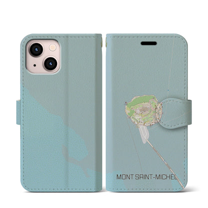 【モン・サン＝ミシェル（フランス）】地図柄iPhoneケース（手帳タイプ）ナチュラル・iPhone 13 mini 用