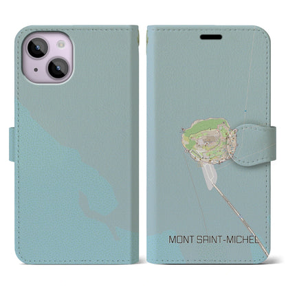 【モン・サン＝ミシェル（フランス）】地図柄iPhoneケース（手帳タイプ）ナチュラル・iPhone 14 用