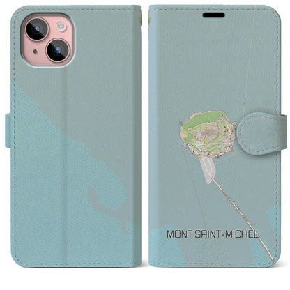 【モン・サン＝ミシェル（フランス）】地図柄iPhoneケース（手帳タイプ）ナチュラル・iPhone 15 Plus 用