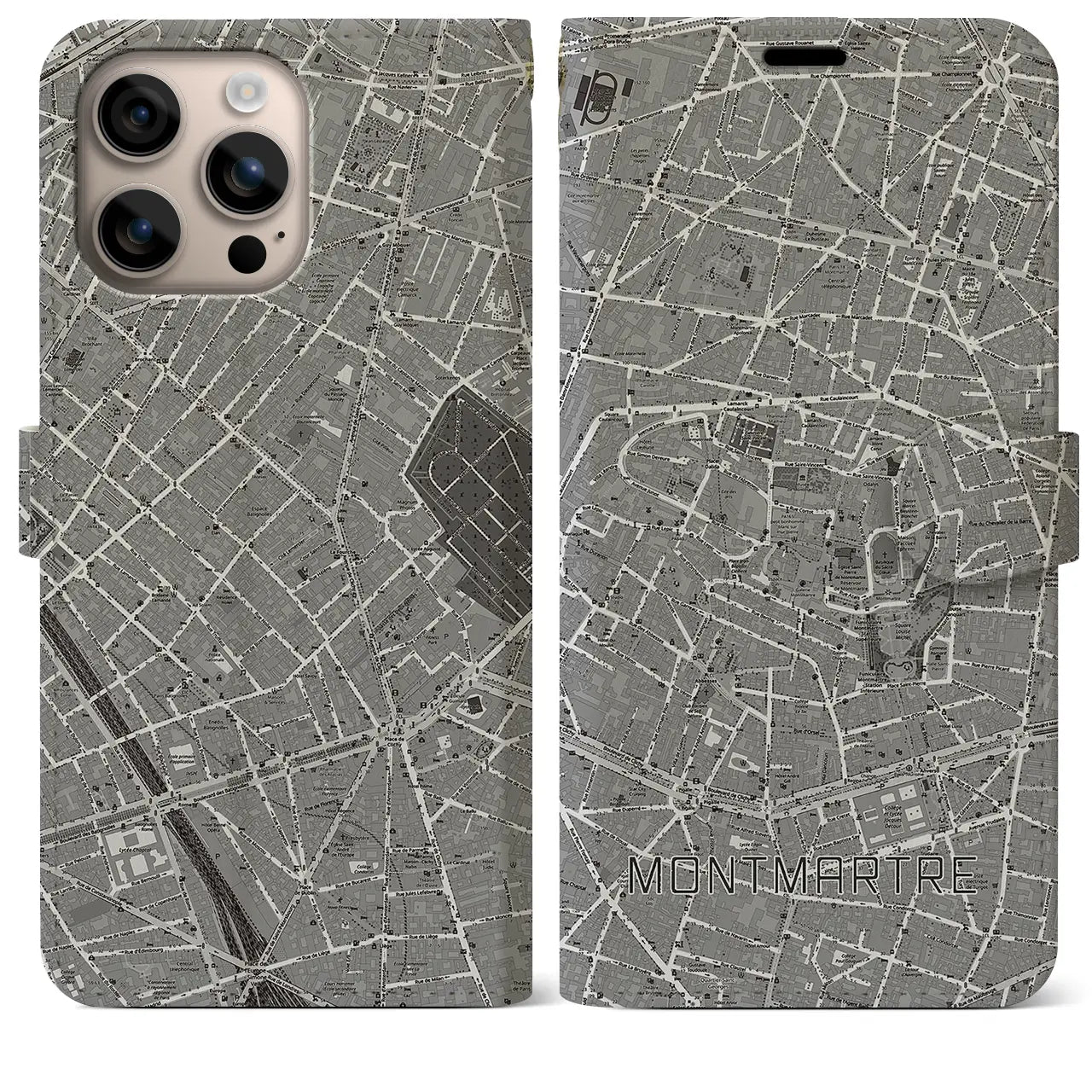 【モンマルトル（フランス）】地図柄iPhoneケース（手帳タイプ）モノトーン・iPhone 16 Plus 用