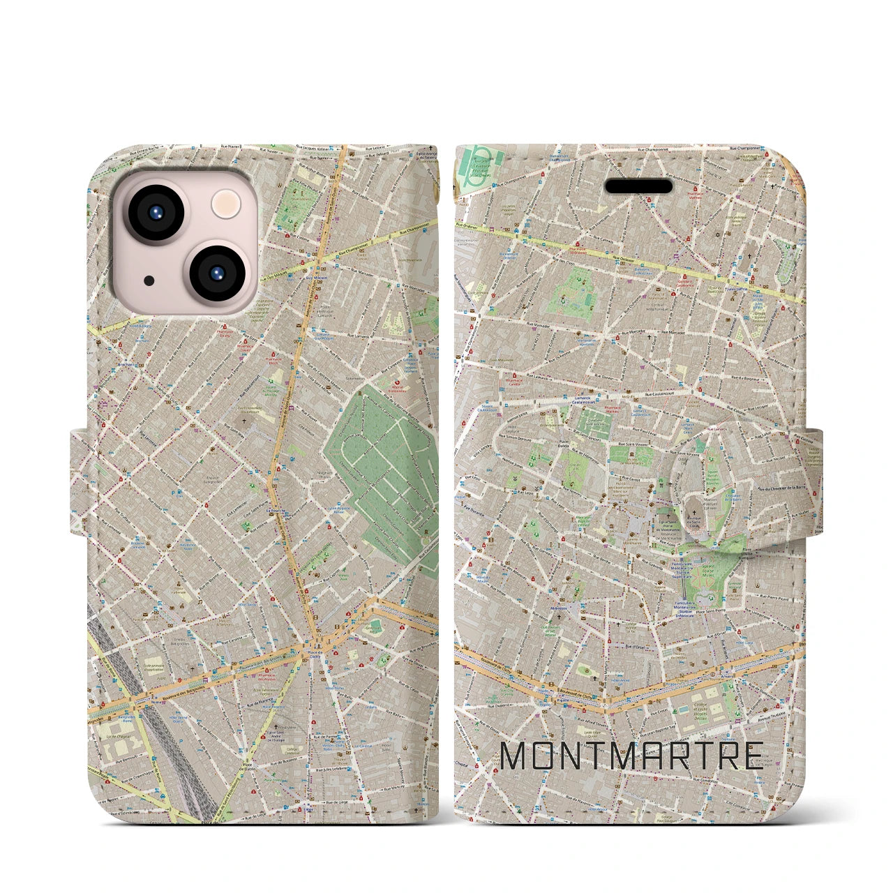 【モンマルトル】地図柄iPhoneケース（手帳両面タイプ・ナチュラル）iPhone 13 mini 用