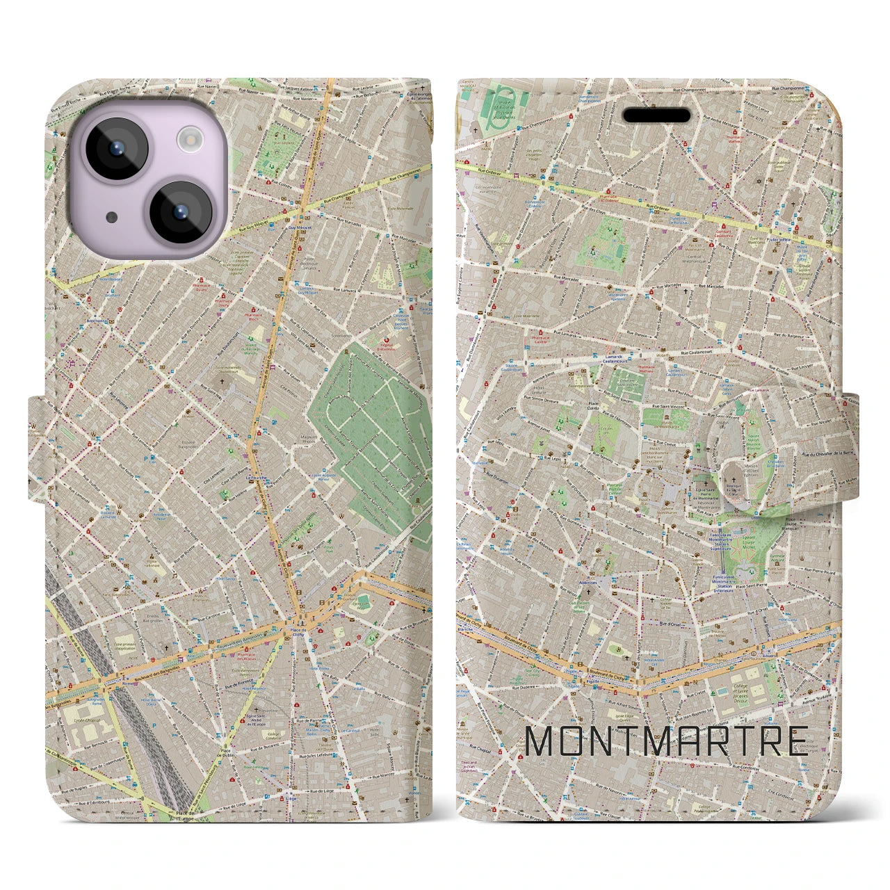 【モンマルトル】地図柄iPhoneケース（手帳両面タイプ・ナチュラル）iPhone 14 用