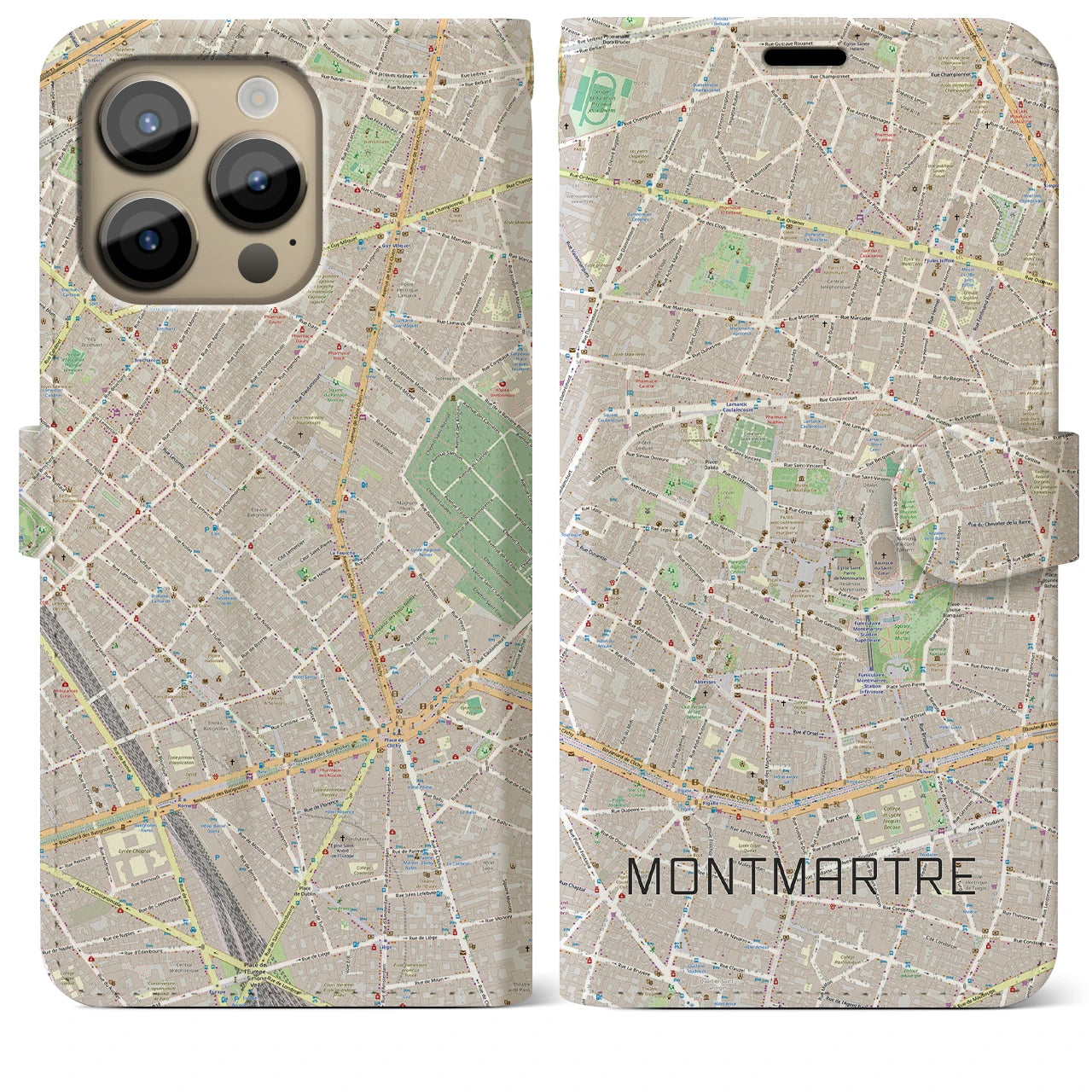 【モンマルトル】地図柄iPhoneケース（手帳両面タイプ・ナチュラル）iPhone 14 Pro Max 用