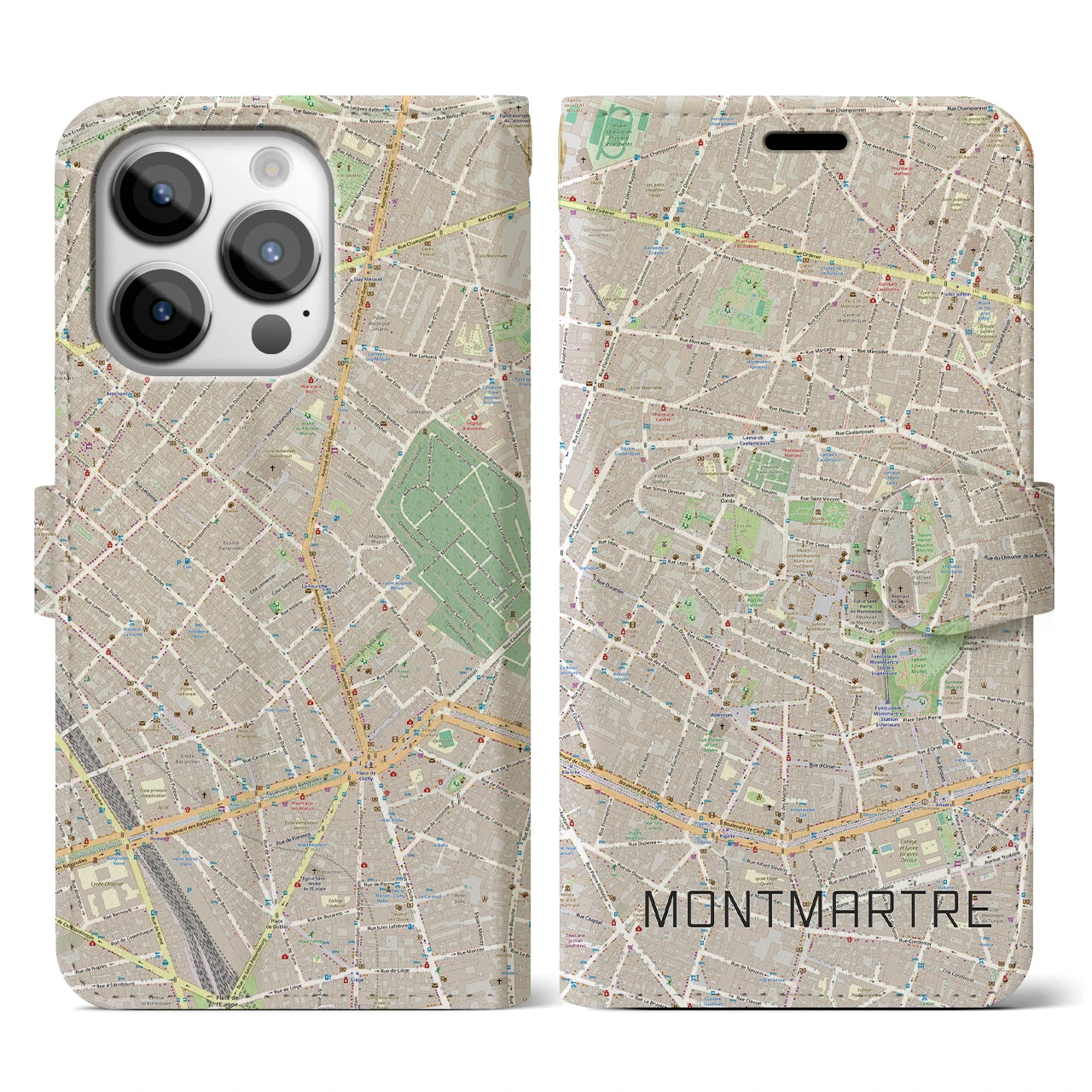 【モンマルトル】地図柄iPhoneケース（手帳両面タイプ・ナチュラル）iPhone 14 Pro 用