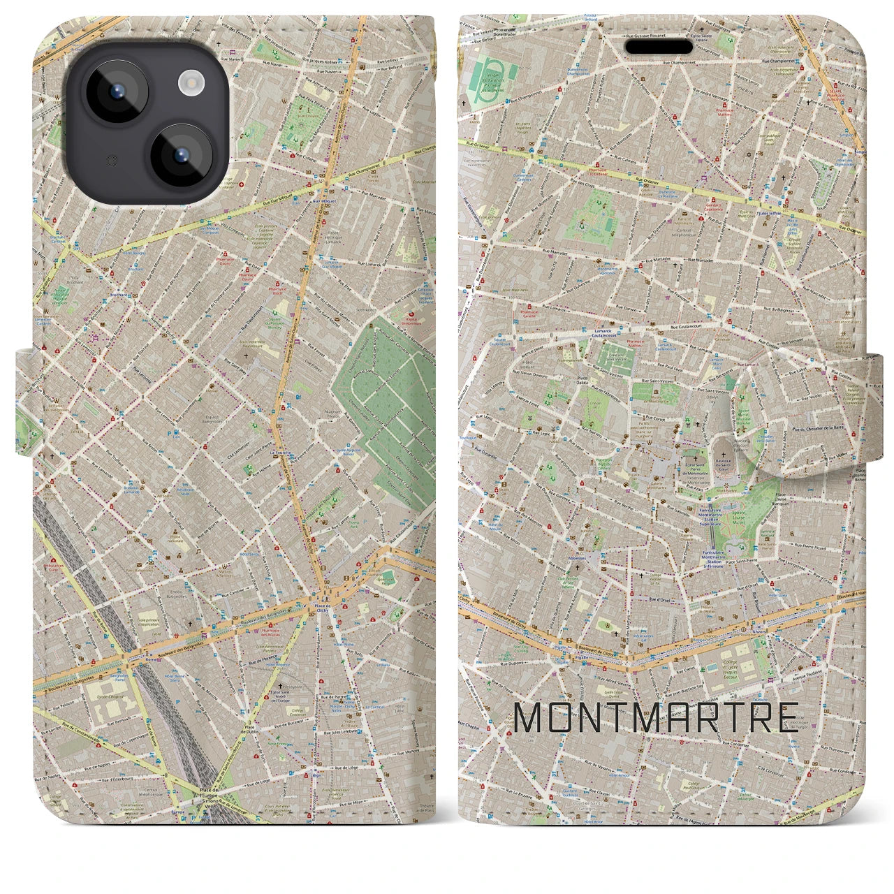 【モンマルトル】地図柄iPhoneケース（手帳両面タイプ・ナチュラル）iPhone 14 Plus 用