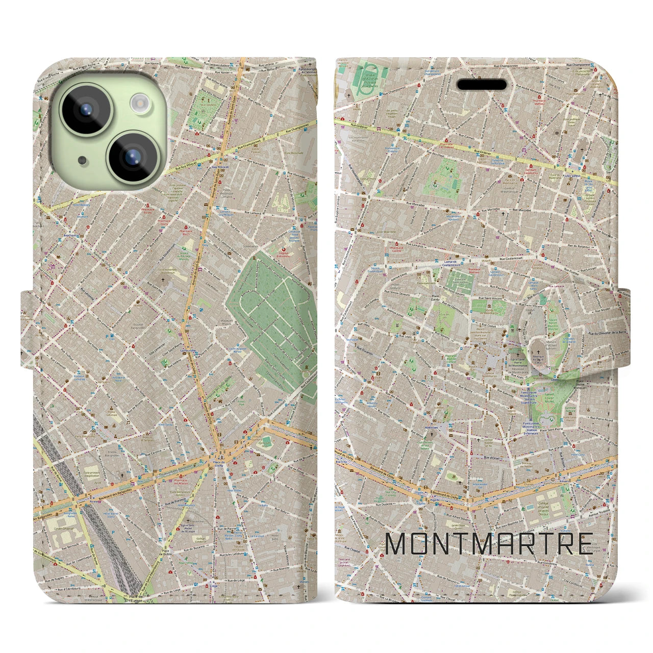 【モンマルトル】地図柄iPhoneケース（手帳両面タイプ・ナチュラル）iPhone 15 用