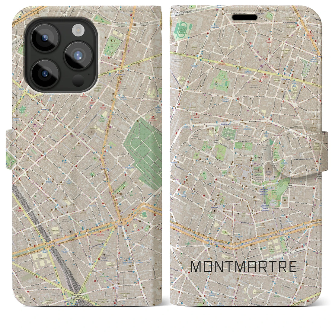 【モンマルトル】地図柄iPhoneケース（手帳両面タイプ・ナチュラル）iPhone 15 Pro Max 用