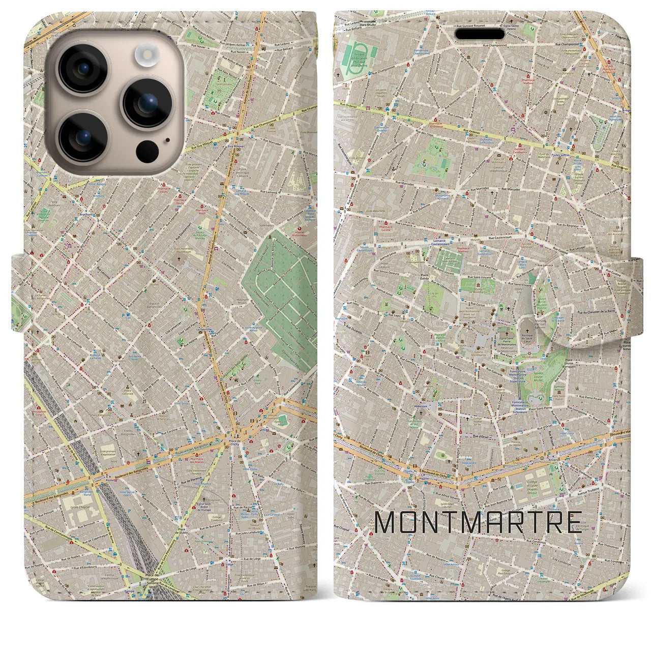 【モンマルトル（フランス）】地図柄iPhoneケース（手帳タイプ）ナチュラル・iPhone 16 Plus 用