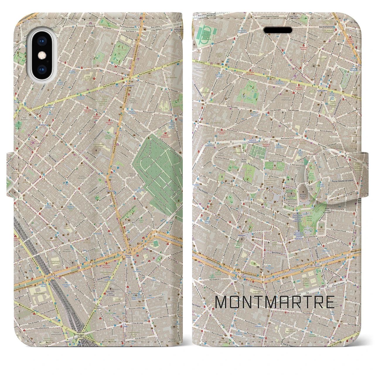【モンマルトル】地図柄iPhoneケース（手帳両面タイプ・ナチュラル）iPhone XS Max 用