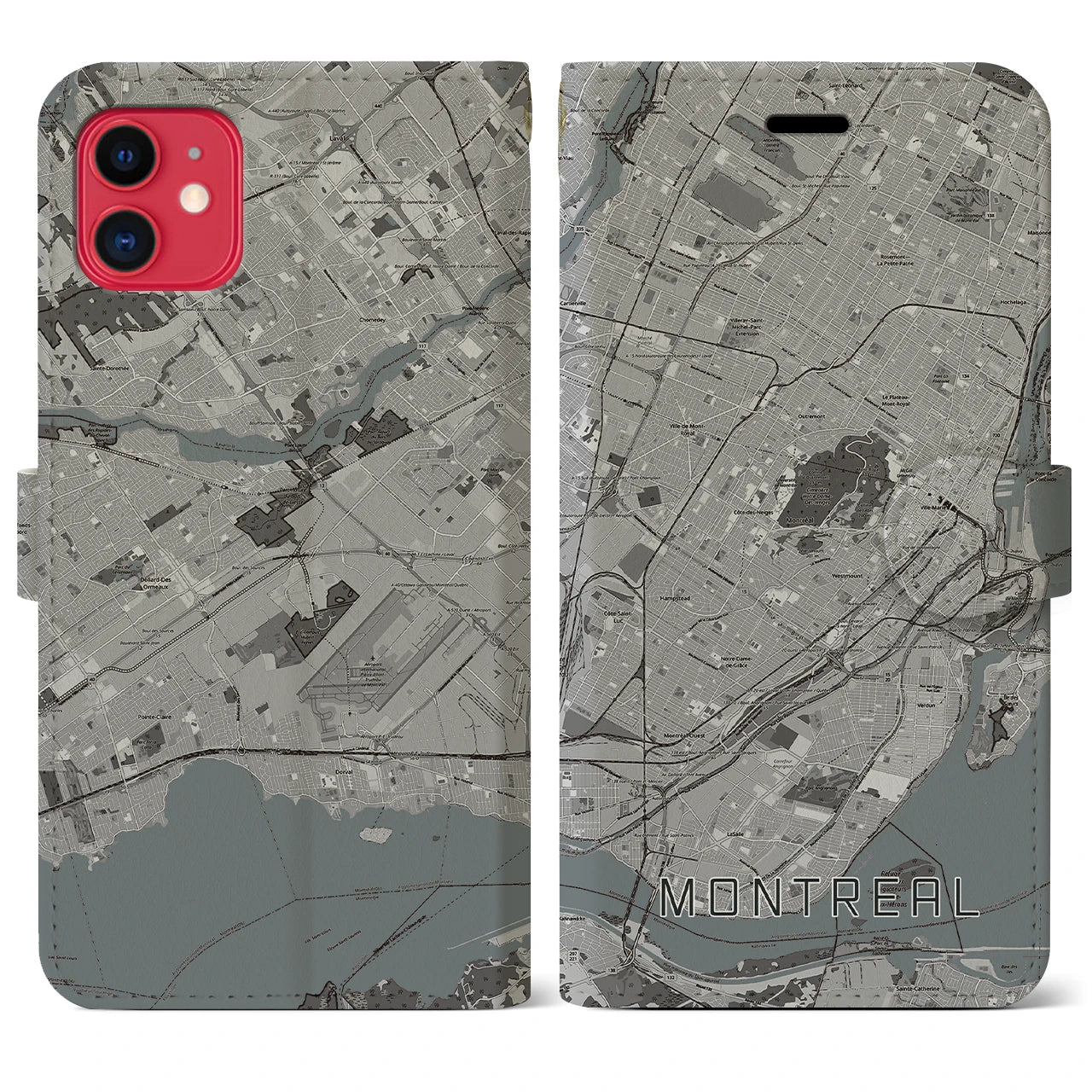 【モントリオール】地図柄iPhoneケース（手帳両面タイプ・モノトーン）iPhone 11 用
