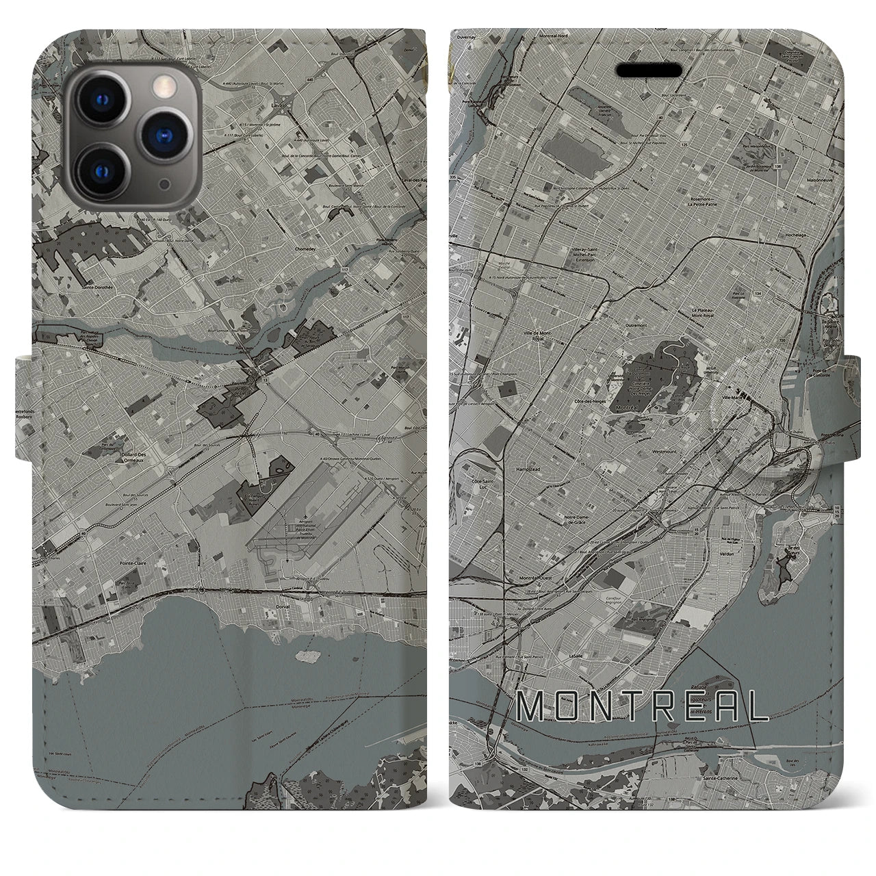 【モントリオール】地図柄iPhoneケース（手帳両面タイプ・モノトーン）iPhone 11 Pro Max 用