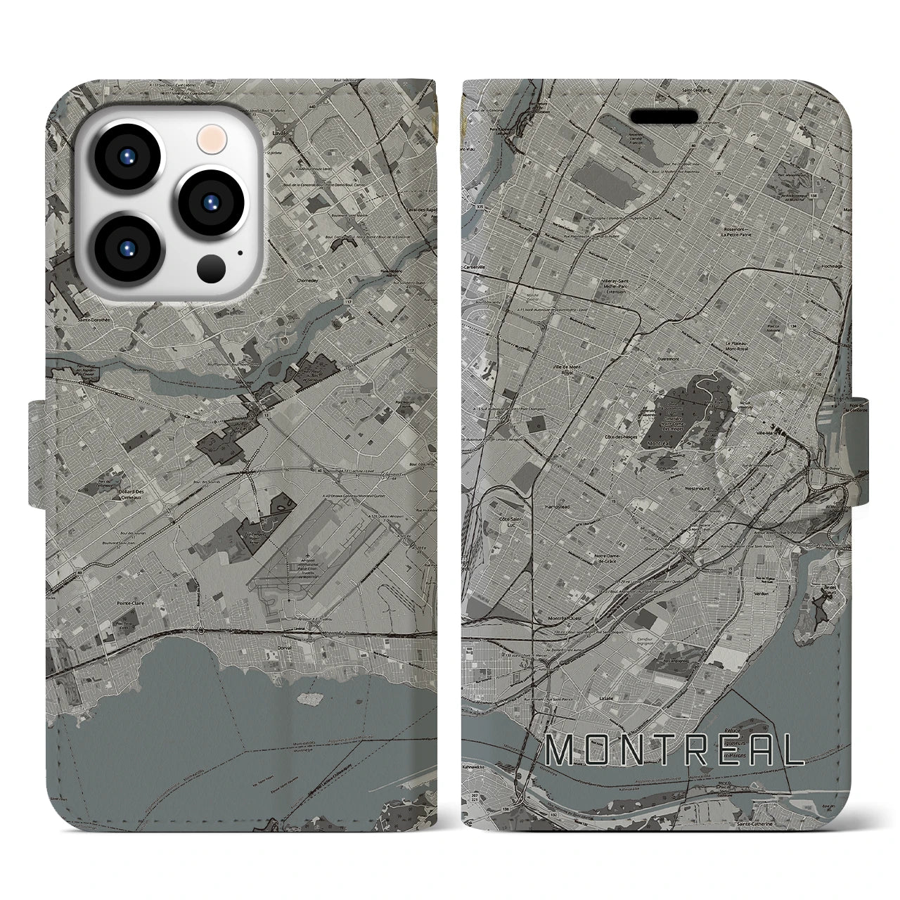 【モントリオール】地図柄iPhoneケース（手帳両面タイプ・モノトーン）iPhone 13 Pro 用