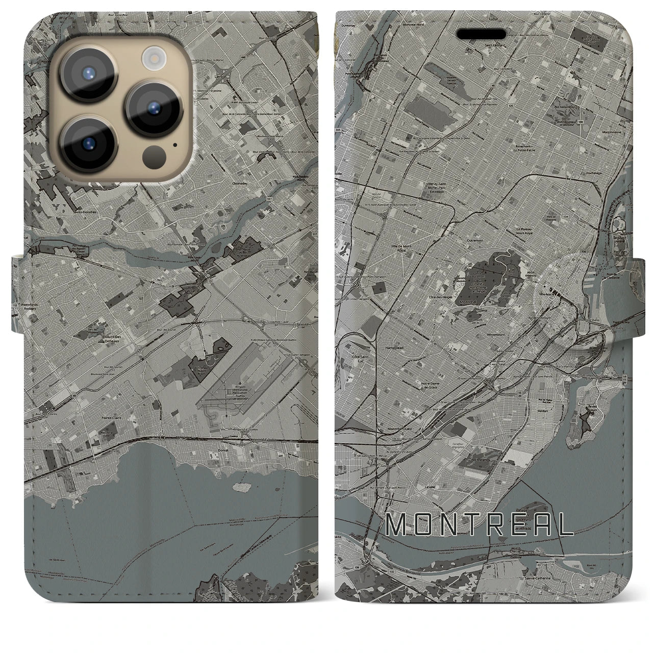 【モントリオール】地図柄iPhoneケース（手帳両面タイプ・モノトーン）iPhone 14 Pro Max 用