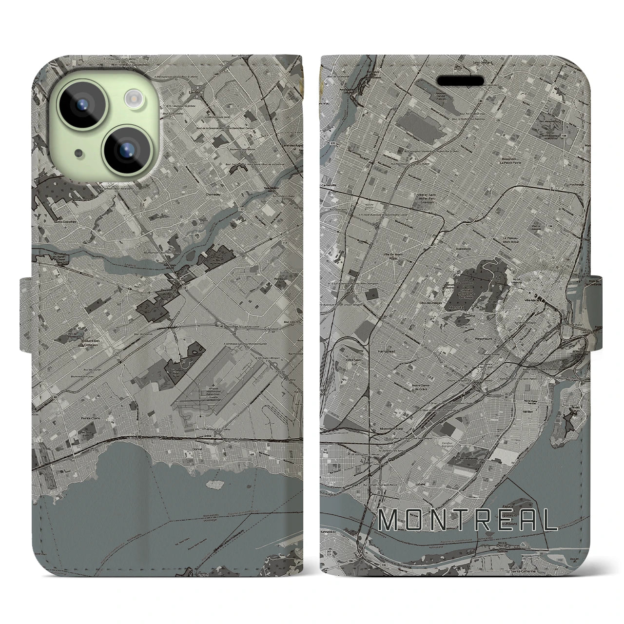 【モントリオール】地図柄iPhoneケース（手帳両面タイプ・モノトーン）iPhone 15 用