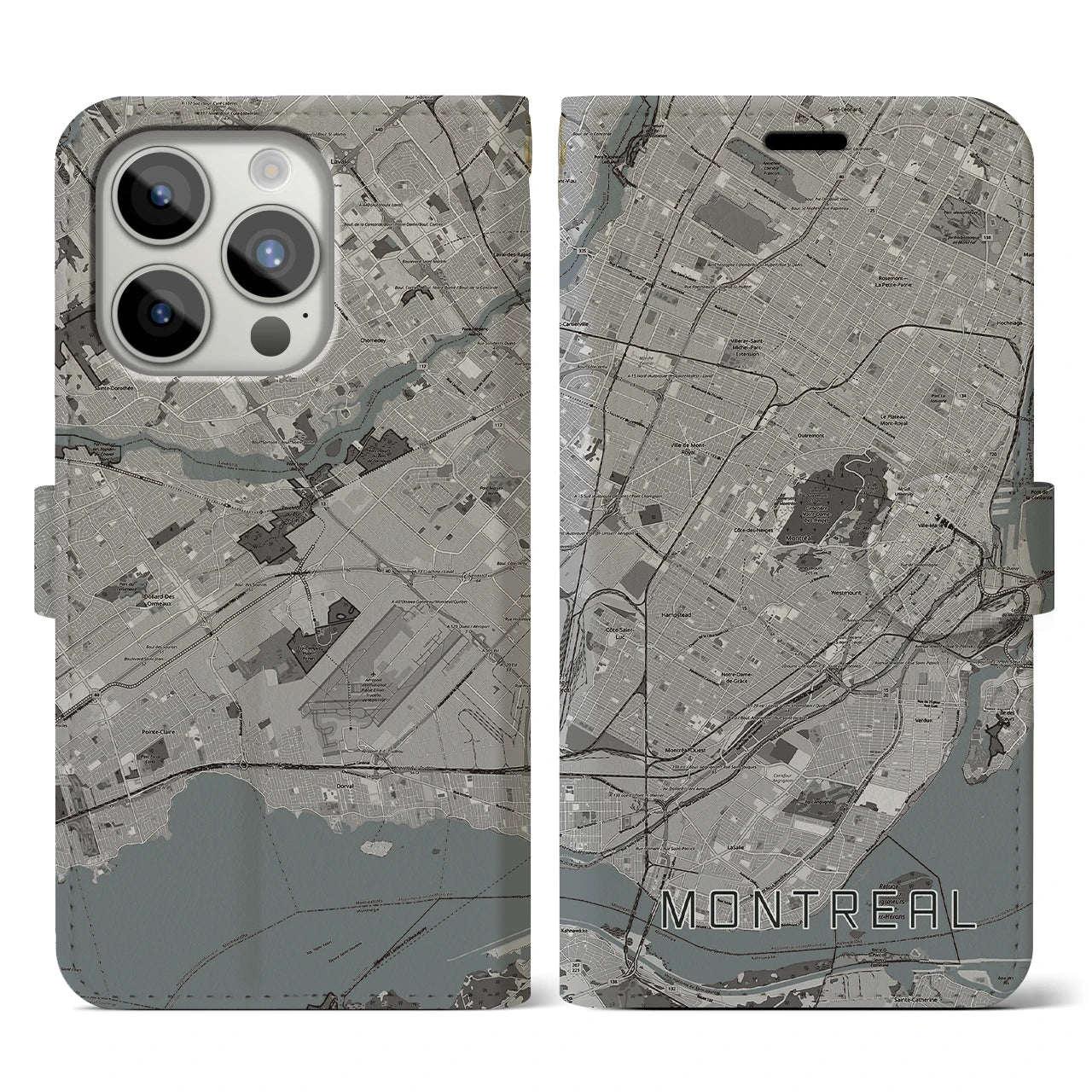 【モントリオール】地図柄iPhoneケース（手帳両面タイプ・モノトーン）iPhone 15 Pro 用