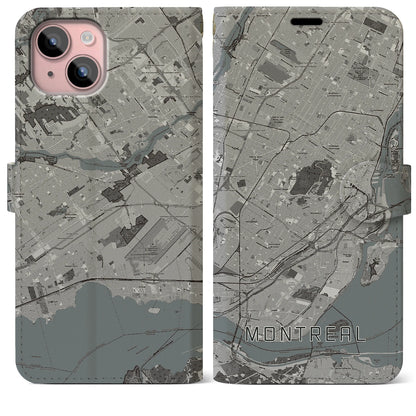 【モントリオール（カナダ）】地図柄iPhoneケース（手帳タイプ）モノトーン・iPhone 15 Plus 用
