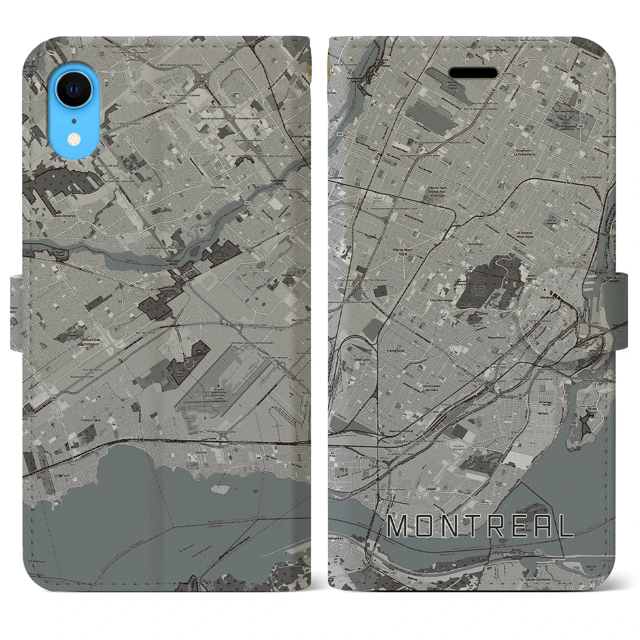 【モントリオール】地図柄iPhoneケース（手帳両面タイプ・モノトーン）iPhone XR 用