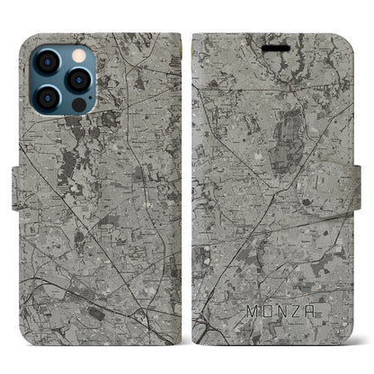 【モンツァ（イタリア）】地図柄iPhoneケース（手帳タイプ）モノトーン・iPhone 12 / 12 Pro 用