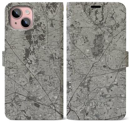 【モンツァ（イタリア）】地図柄iPhoneケース（手帳タイプ）モノトーン・iPhone 15 Plus 用