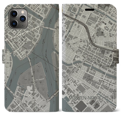 【門前仲町（東京都）】地図柄iPhoneケース（手帳タイプ）モノトーン・iPhone 11 Pro Max 用