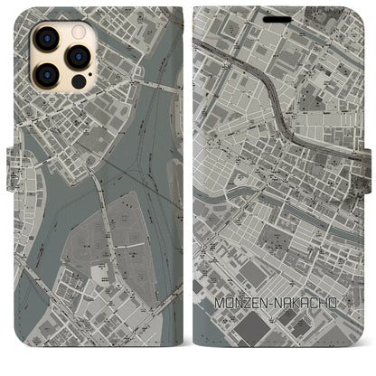 【門前仲町（東京都）】地図柄iPhoneケース（手帳タイプ）モノトーン・iPhone 12 Pro Max 用